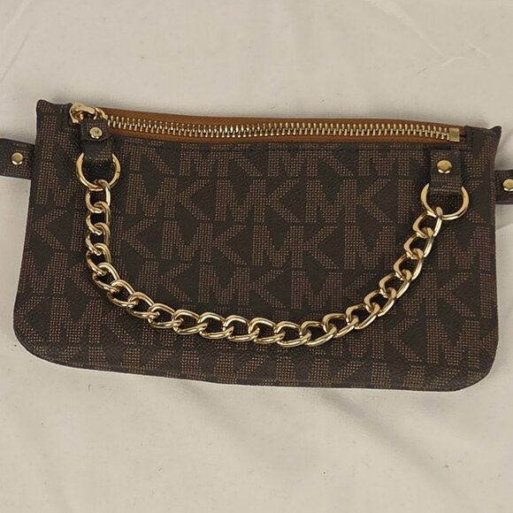 Michael Kors Monogram Logo Belt Bag w/ Chain Accent – Brown/Gold Size L - Picture 1 of 6